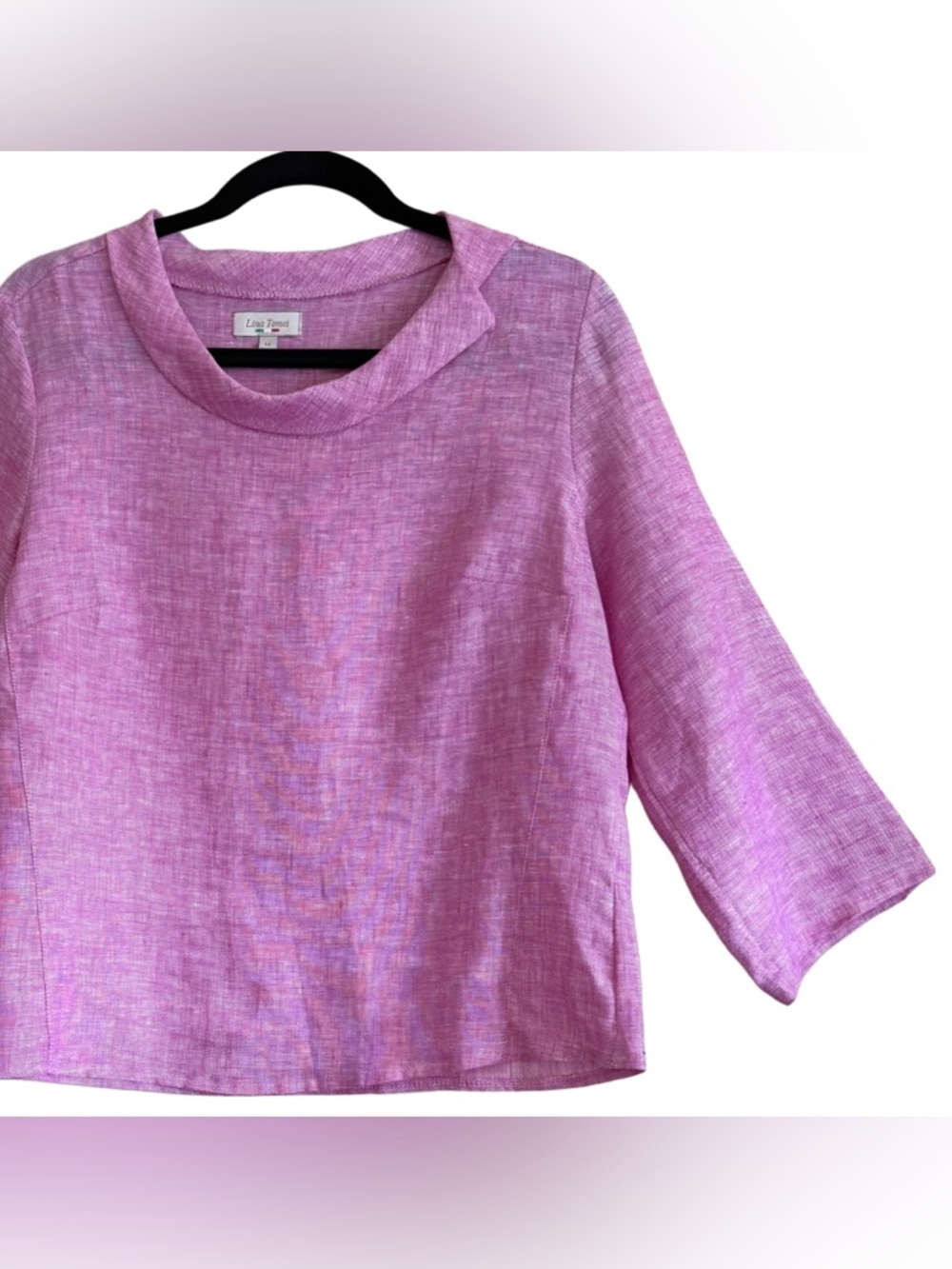 Lina Tomei 100% Linen Preppy Feminine Minimalist Retro Fold Over Collar Top Sz M - Picture 4 of 9